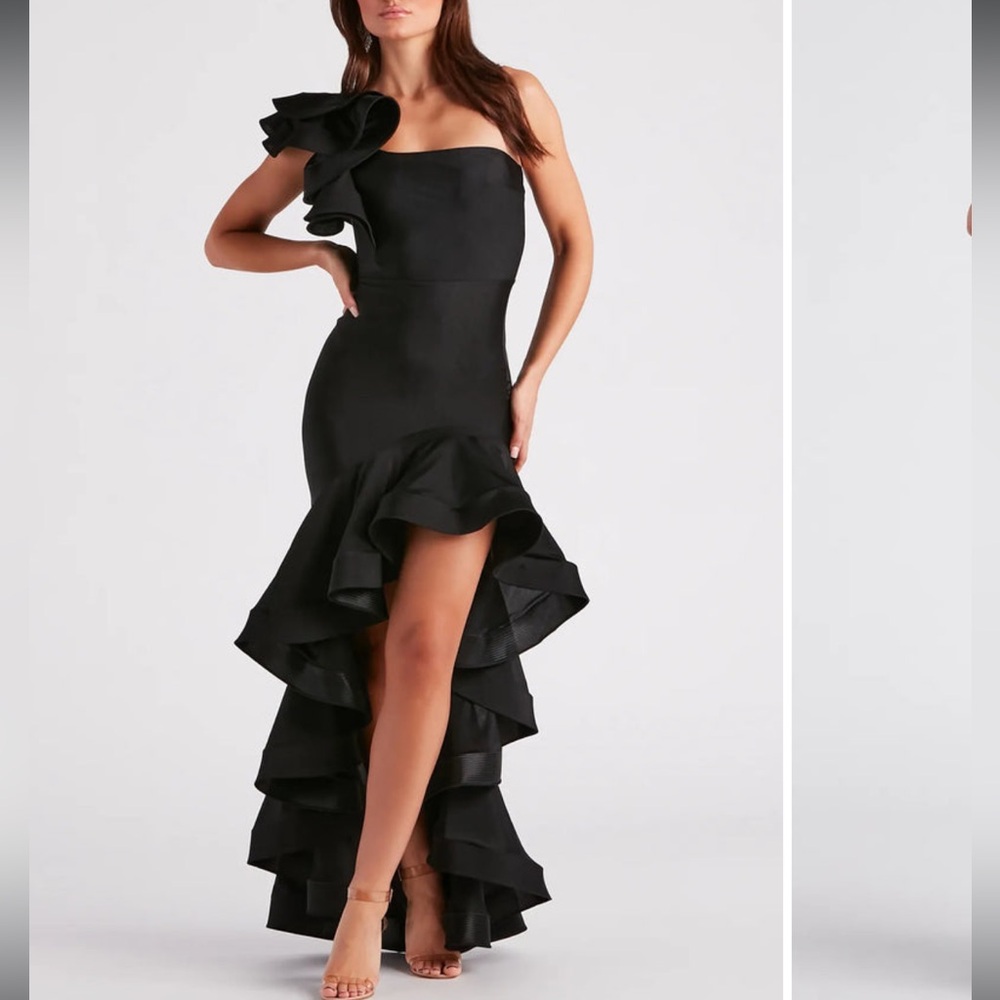 Windsor Dramatic Cascading Ruffle One-Shoulder Black Gown